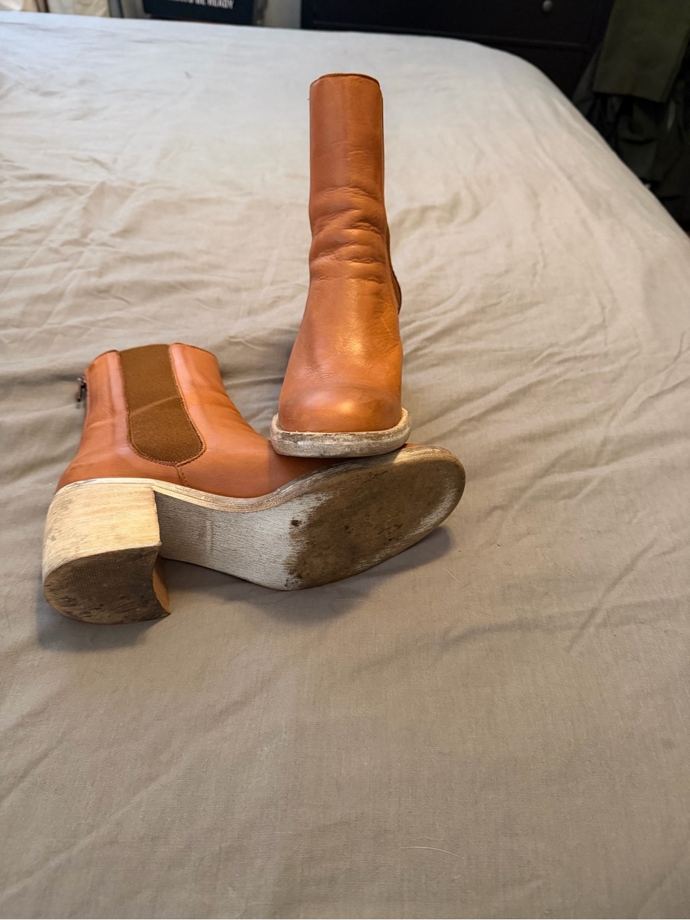 Free People Tan Leather Mid-Calf Block Heel Boots